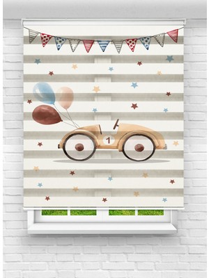 MAS Çocuk Odası Balonlu Yarış Arabası Desenli Dijital Baskılı Zebra Perde Stor Perde