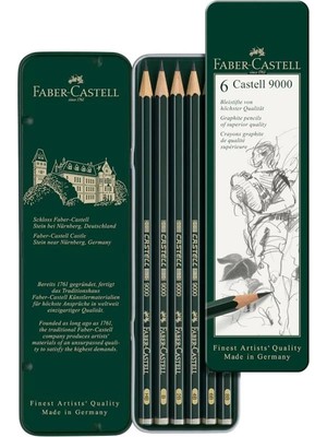 AyrStore Faber-Castell 9000 Dereceli Kurşun Kalem Seti, 6’lı, Metal Kutu, Hb-B-2b-4b-6b-8b, Teknik Çizim ve
