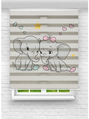 MAS Sevimli Fil Desenli Zebra Perde - Bebek ve Çocuk Odası Için Tatlı Desenli Zebra Gölgelik Perde