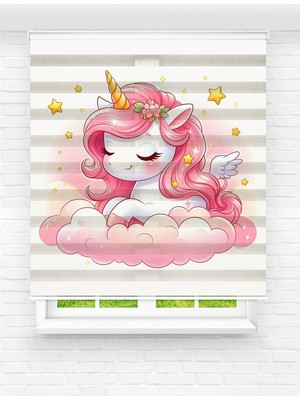 MAS Kız Çocuk Odası - Sevimli Unicorn Desenli Dijital Baskılı Zebra Stor Perde