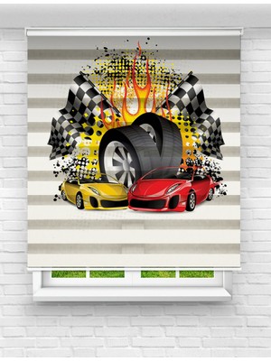 MAS Kırmızı Sarı Spor Arabalar Baskılı Zebra Perde | Çocuk Odası Için