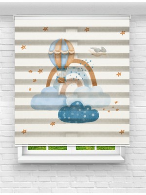 MAS Kız Çocuk Odası - Sevimli Gökkuşağı Bulut ve Yıldız Desenli Zebra Stor Perde