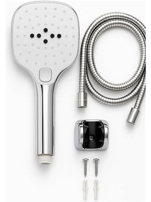AyrStore Spiralli Duş Başlığı Seti, 3 Fonksiyonlu Tuşlu Geniş Gövde Krom Duş Başlığı, 150 cm Duş
