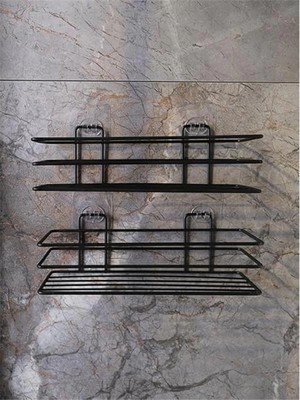 AyrStore Yapışkanlı Siyah 2 Adet Tek Katlı Düz Şampuanlık Tş01, Delmeye Son, Matkap Vida Yok