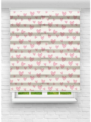 MAS Çocuk Odası Pembe Şirin Kalpler Desenli Dijital Baskılı Zebra Stor Perde