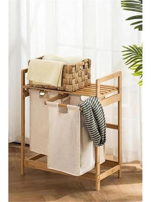 AyrStore Bambu 2 Bölmeli Kirli Sepetli Çamaşır Sepeti Raflı Banyo Düzenleyici DB-0007