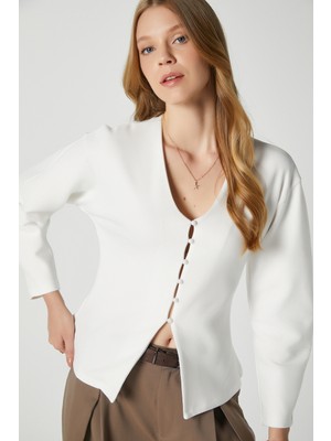 Ritnice Kadın Osea Premium Bele Oturan Ekru Şık Düğme Detay Peplum Bluz