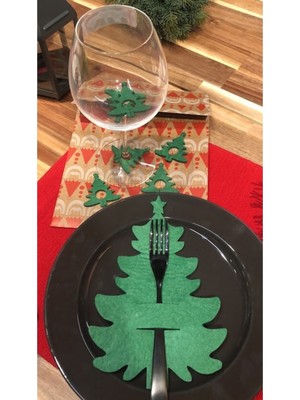 Empressco 4'lü Yeşil Keçe Yılbaşı Ağacı ve Kadeh Sunum Seti, Renkli Süsler