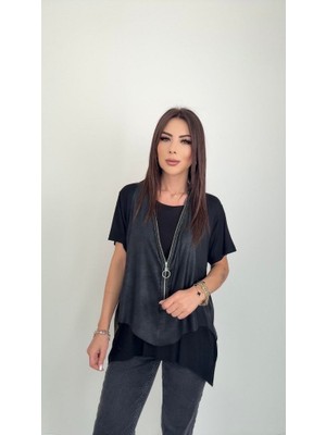 Pusula Sepeti Kadın Kısa Kollu Yuvarlak Yaka Viskon Bluz + Kolsuz Fermuarlı Çatlak Deri Yelek