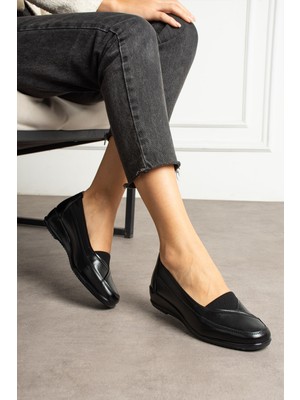 Kaof Shoes Kadın Siyah Hakiki Deri Klasik Ayakkabı Ortopedik Anne Ayakkabısı Anne Babet Topuklu Günlük Ayakkabı