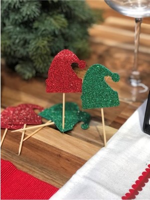 Empressco 6'lı Kırmızı Yeşil Renkli Yılbaşı Şapka ve Sofra Süsü Seti