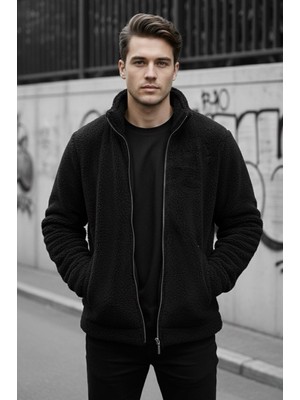 Oksit Harris Peluş Içi Polarlı Tam Fermuarlı Gömlek Yaka Kalın Erkek Hırka Sweatshirt Polar