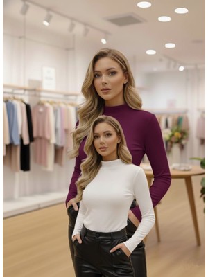 Kadın Farklı Renk 2'li Yarım Balıkçı Yaka Uzun Kollu Düz Kesim Kadın Bluz