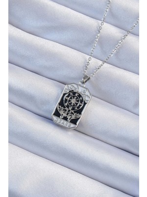 316L Çelik Zincir Gümüş Renk Işlemeli Siyah Mineli Tarot Kolye - TJ-BKO9237