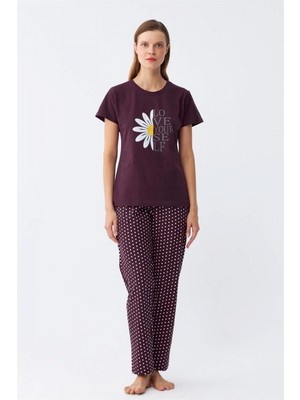 Marsilyan- Kadın Mürdüm Papatya Baskılı Kısa Kollu Penye Pijama Takımı