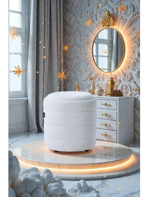 FRAMGAN Lüks CNC Çizgili Yuvarlak Puf – Makyaj Masası Pufu -Dekoratif Ayak Uzatma Pufu- Kapitoneli Puf