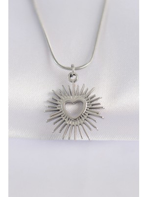 316L Çelik Zincir Gümüş Renk Kalp Güneşi Tasarımlı Kolye - TJ-BKO8658