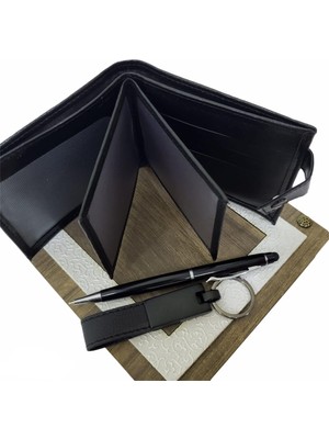 Ahşap Kutulu Erkeğe 3'lü Kalem Cüzdan Anahtar Hediye Seti