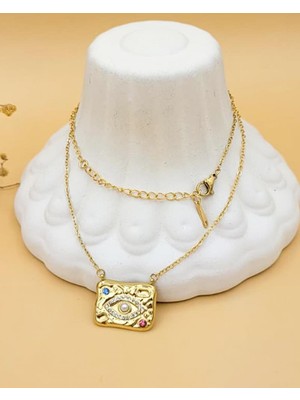 Nevoka Astraya Sembol Çelik Gold Incili Dikdörtgen Kolye