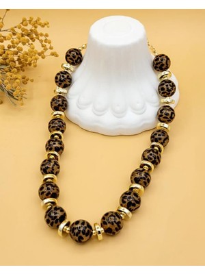 Nevoka Gold Disk Detaylı Kahve Leopar Kolye