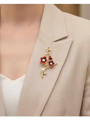 Nevoka Kırmızı Mine ve Inci Detaylı Bahar Dalı Broş