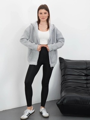 OEY Fashions 3 Iplik Şardonlu Fermuarlı Kapşonlu Hırka Gri