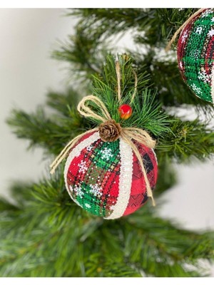 Empressco Kırmızı Ekose Kumaşlı Çam Kozalak Topu, Yılbaşı Süsü, Lüks Koleksiyon Parçası