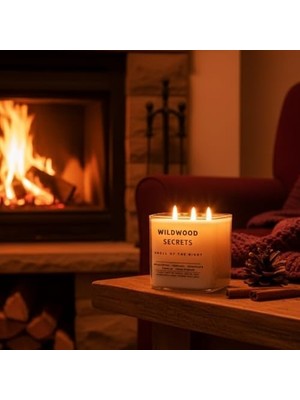 Storemax Wildwood Secret Lüks Aromaterapi Mumu |%100 Doğal Soya Wax | Okaliptüs, Tütün, Vanilya & Sandal Ağacı Kokulu | 4x Pamuk Fitilli | El Yapımı Fitiller | 50+ Saat Ultra Uzun Yanma Süresi | Tekrar Kullan
