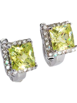 925 Gümüş Peridot Taşlı Kare Baget Tasarım Işıltılı Kadın Küpe