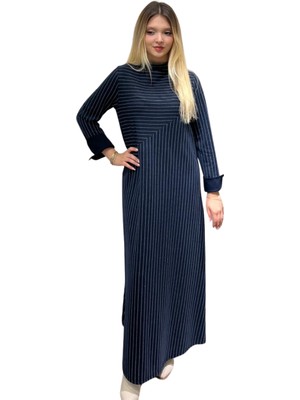 Zems Lacivert Çizgili Örme Uzun Elbise