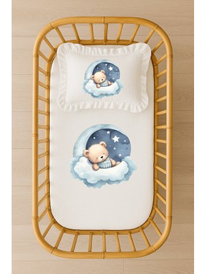 Moda Lime Uyuyan Ayıcık ve Bulut Desenli Bebek Nevresim Takımı– Içi Dolgulu Fırfırlı Yastık – Kişiye Özel Isim