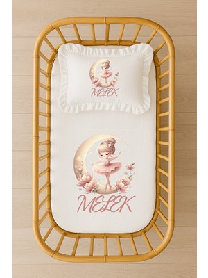 Moda Lime Kişiye Özel Isimli Balerin Bebek Nevresim Takımı Pembe Ay ve Çiçekli Fırfırlı Dolgulu Yastık
