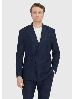 Ramsey Lacivert Çizgili Shirt Shoulder Slim Fit Yün Karışımlı Ceket