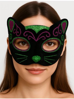 Siyah Kadife Kaplama Üzeri Pembe Yeşil Sim Işlemeli Kedi Maskesi 20X13 cm