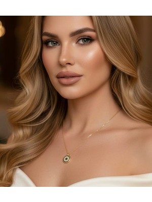 Yılbaşı Hediyesi-Nazar Boncuk Detaylı Gold Çelik Kolye