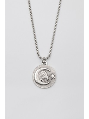 Alooya Ay Yıldız Kartal Figürlü Kolye - Örme İthal Zincirli Unisex Gümüş Kaplama - 60 cm