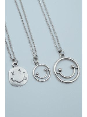 Alooya 3'lü Gülen Surat Smile Nirvana Gümüş Kaplama Kolye Seti