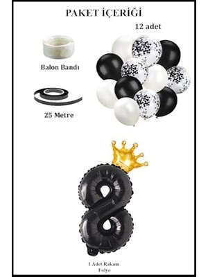 Storemax 8 Rakam Siyah Folyo Balon, Kral Tacı ve Konfetili Siyah Balon Set