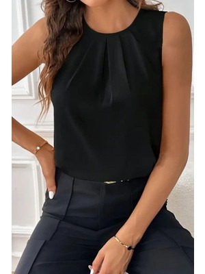 Mossta Bisiklet Yaka Pile Detaylı Kolsuz Atlas  Bluz - Siyah