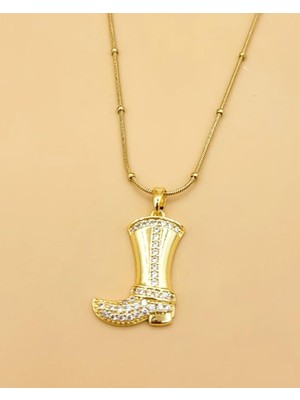 Nevoka Çizme Figürlü Zirkon Taşlı Gold Çelik Kolye