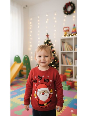 BSK Noel Baba Baskılı Kırmızı "ho Ho Ho" Temalı Çocuk Sweatshirt