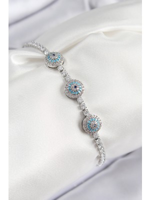 Pirinç Zirkon Taşlı Nazar Model Gümüş Renk Kadın Bileklik - TJ-BB7704