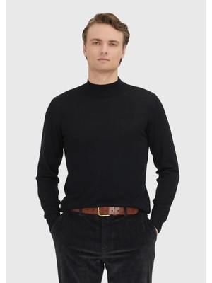 Ramsey Siyah Yarım Balıkçı Yaka Düz Örgü %100 Yün Triko Kazak