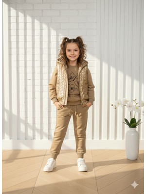 Selvira Kız Çocuk Gold Parlak Şişme Yelekli Sweatshirt Pantolon 3'lü Takım