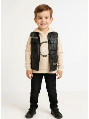 Selvira Erkek Çocuk Siyah Yelekli Kapüşonlu Sweatshirt Pantolon 3'lü Takım