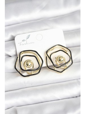Prativas Pirinç Gold Renk Siyah Mineli Geometrik Gül Model Kadın Küpe - PRT3500EB09496