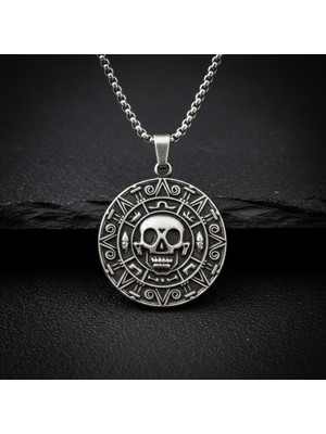 Alooya Aztec Karayip Korsanları Madalyon Gümüş Kaplama Örme Zincir Kolye