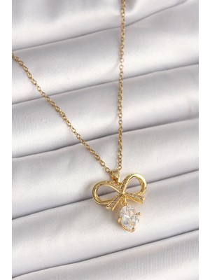 316L Çelik Gold Renk Zincir Zirkon Taşlı Kurdele Model Kadın Kolye - TJ-BKO9960