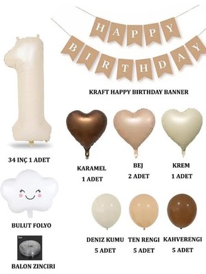Storemax 1 Yaş Retro Kalp Doğum Günü Seti; Krem Rakam Folyo, Banner, Kalp Folyo ve Lateks Balon
