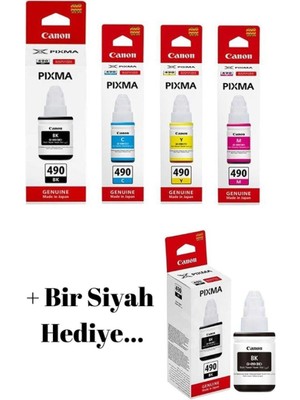 Canon GI490 Pixma G2411 4 Renk Orjinal Mürekkep Seti + 1 Siyah Hediye GI-490 172 Canon GI-490